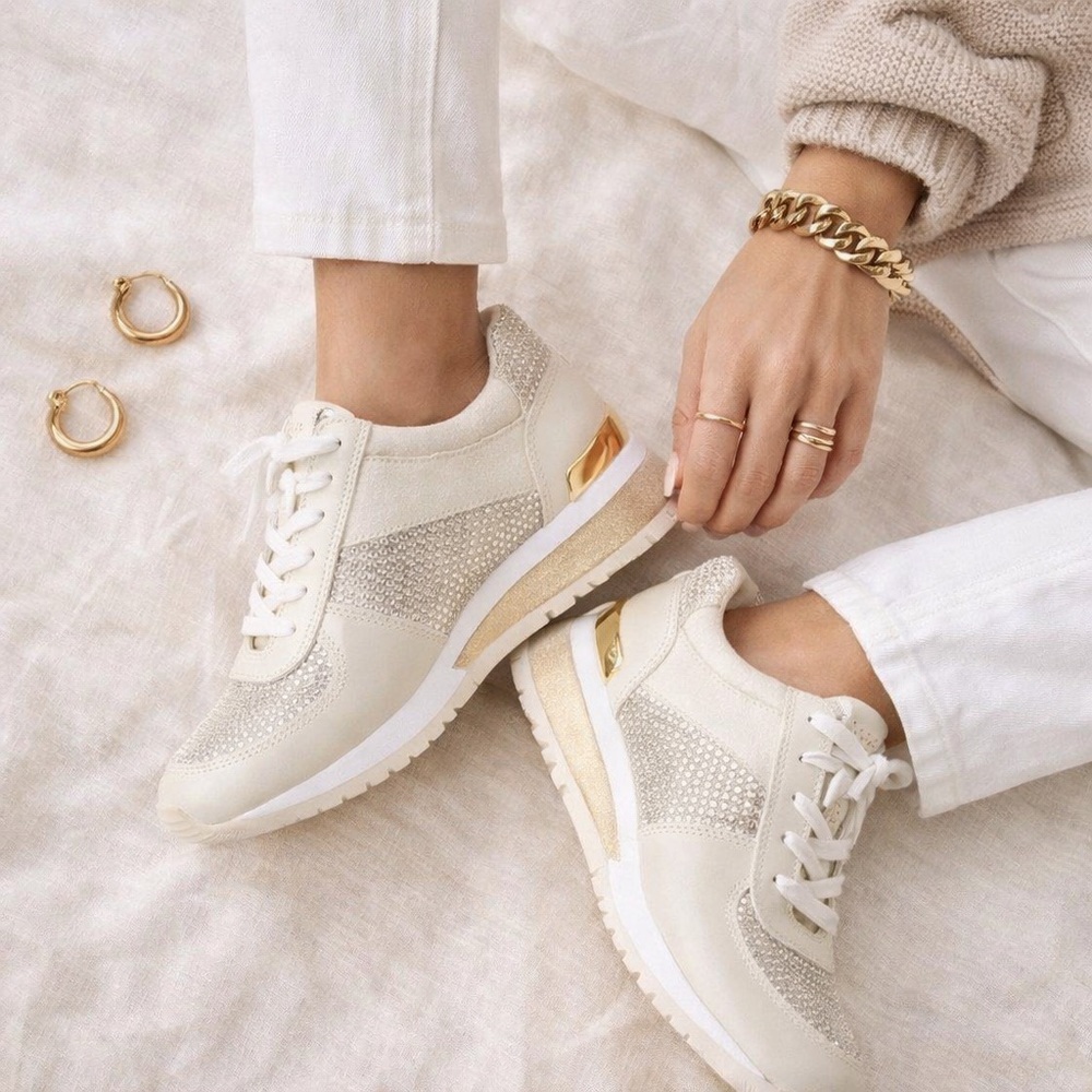 MICHAEL KORS Cream Glitter Allie Trainer Sneakers Rhinestone Fashion Shoes 8